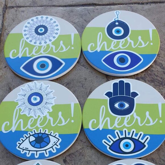 Evil Eye Hand Made Set of 6 Ceramic Coasters Table Kitchen Home Office Decor - Picture 3 of 3